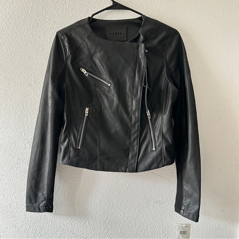 Blank NYC Black Moto Moonlighting Cropped Faux Leather Jacket
